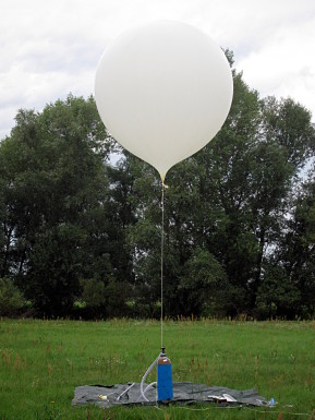 The weather balloon, filled with helium before launch. 